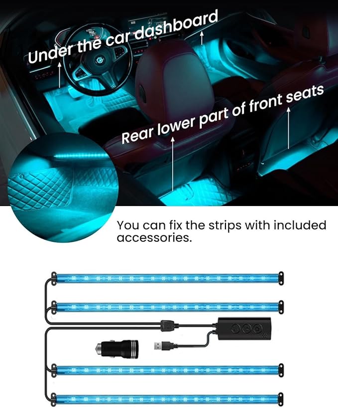 RGB Interior Car LED Strip Lights,72 LED Interior Lights with Smart APP Remote Control,Multicolor Footwell Under Dash Inside Light Kits Music Sync Mode,for Vehicle Internal Car Ambient Lighting Kits