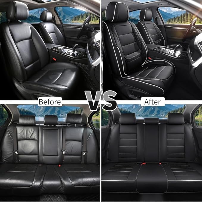 Car Seat Covers Full Set Custom Fit for Mercury Mariner 2005-2011-Luxury Leather with Lumbar Support, Breathable, Waterproof, Anti-Slip, Durable, Easy to Install (Black&White,Full Set)