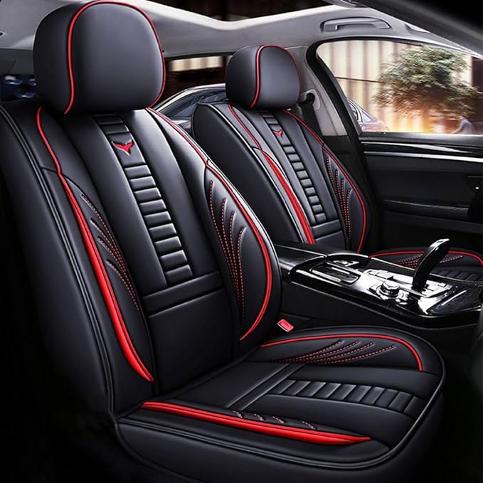 for Chevy Equinox Seat Covers 2005-2026, Full Coverage Customized Car Seat Covers, Premium Leather Waterproof Stain-Resistant Easy to Install (Standard 5 Seats, Black&Red)