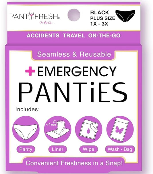 Emergency Panties 4in1 Kit = Seamless Underwear, Fresh Wipe & Liner Accidents Travel On-The-Go Toiletry Kit Plus Size fit 1X-3X Black Bikini