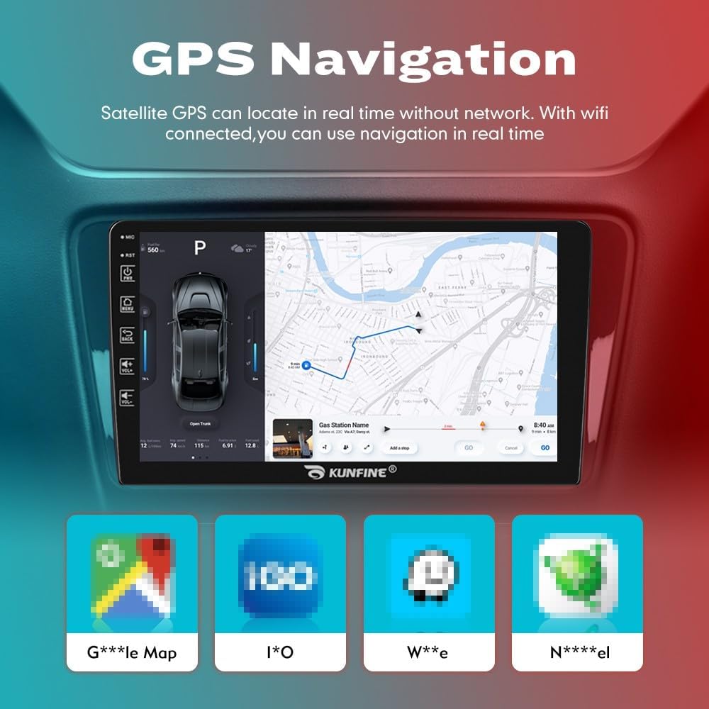 Kunfine Car CarPlay Android Auto Navigation Stereo GPS Radio Reverse Camera Display 9" IPS Touchscreen Headunit Tablet Pad Media Player For Peugeot 301 13-22 if Applicable Quad Core 2G+32G Matte Black