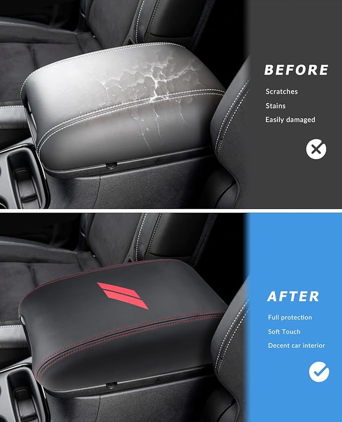 INTGET Car Rear Armrest Cover for Dodge Durango Accessories 2011-2023 Leather Middle Center Console Arm Rest Box Lid Seat Protector Cushion Saver (Red Stitches, 2011-2023)
