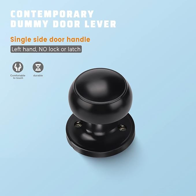 KNOBWELL 2 Pack Black Dummy Door Knob, Single Sided Handle for Closets, French Double Doors, and Pantry, Matte Black One Side Non-Turning Interior Push/Pull Door Knob