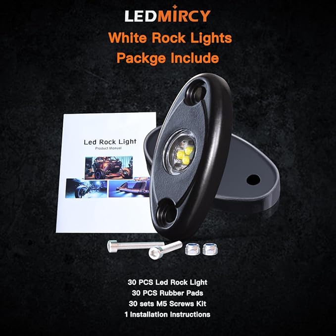 LEDMIRCY R1 White Rock Lights 30PCS High Power Underbody Pure White LED Rock Lights for UTV Trucks SUV ATV Off Road Boat Neon Trail Rig Light Underglow Trail TRAI Rig Light Waterproof Shockproof