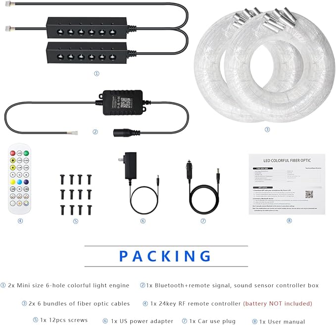 AKEPO Car Home Use MIni Size 6-Hole 3.2W RGB Colorful Fiber Optic Light Kit, 9.8ft 600pcs*0.75mm/0.03in Optical Fiber APP Control Mixed Color Chasing Timer Function Starlight Headliner Light