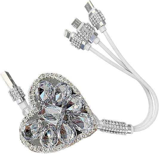 Multi Charging Cable, 3 in 1 Multi Charger Cable with Type-C/Lightning/Micro USB Connectors, Rhinestone Retractable Car Charger Cord, Universal for Most Phones, Tablets (White)