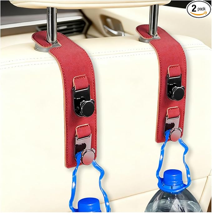 HZEL 2PCS Car Seat Headrest Hooks, Dual Hook Suede Vehicle Backseat Storage Holder for Purse Handbag Coat, Multifunctional Auto Seat Back Grocery Hanger Organizer, Universal for Vehicles (Red)