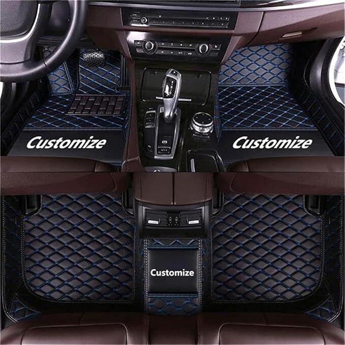 Custom Car Mats All Weather Fit Automotive Floor Mats PU Leather Protector Mat for Most Sedan, SUV, Truck Floor Mats (Black + Blue Line)