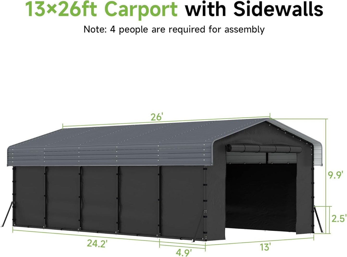 Real Relax 13' x 26' Heavy Duty Metal Carport, Outdoor Garage Car Shelter Shade with Removable Sidewalls, Extra Long Heavier Metal Frame for SUV Trucks and Boats, Gray