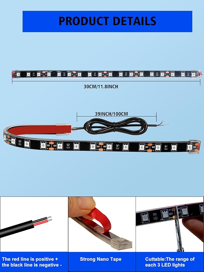 YM E-Bright 4Pcs Led Strip Lights for Car, 12inch Waterproof IP68 Car Underglow Strip Lights Decoration 18SMD 12V Led Interior Exterior Lights Strip for Cars Motorcycles Truck Golf Cart Boat - Pink