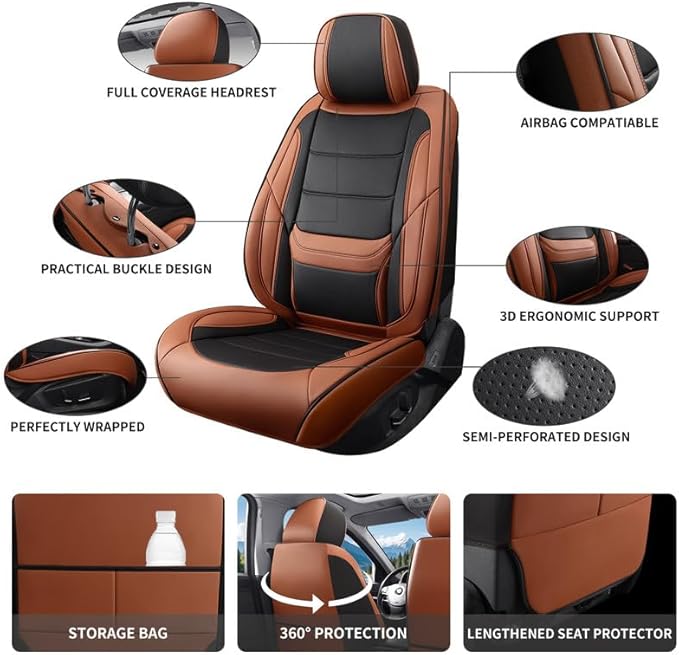 Car Seat Covers Full Set Custom Fit for Ford Taurus 1999-2018-Luxury Leather with Lumbar Support, Breathable, Waterproof, Anti-Slip, Durable, Easy to Install (BlackBrown,Full Set)