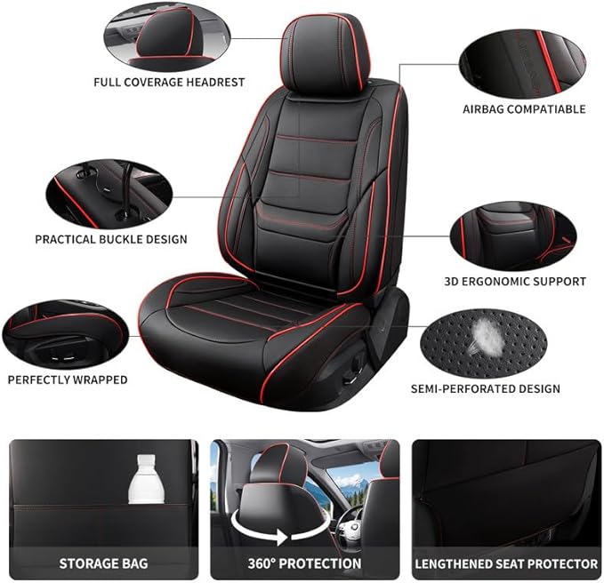 Car Seat Covers Full Set Custom Fit for Buick Century 1997-2005-Luxury Leather with Lumbar Support, Breathable, Waterproof, Anti-Slip, Durable, Easy to Install (Black&Red,Full Set)