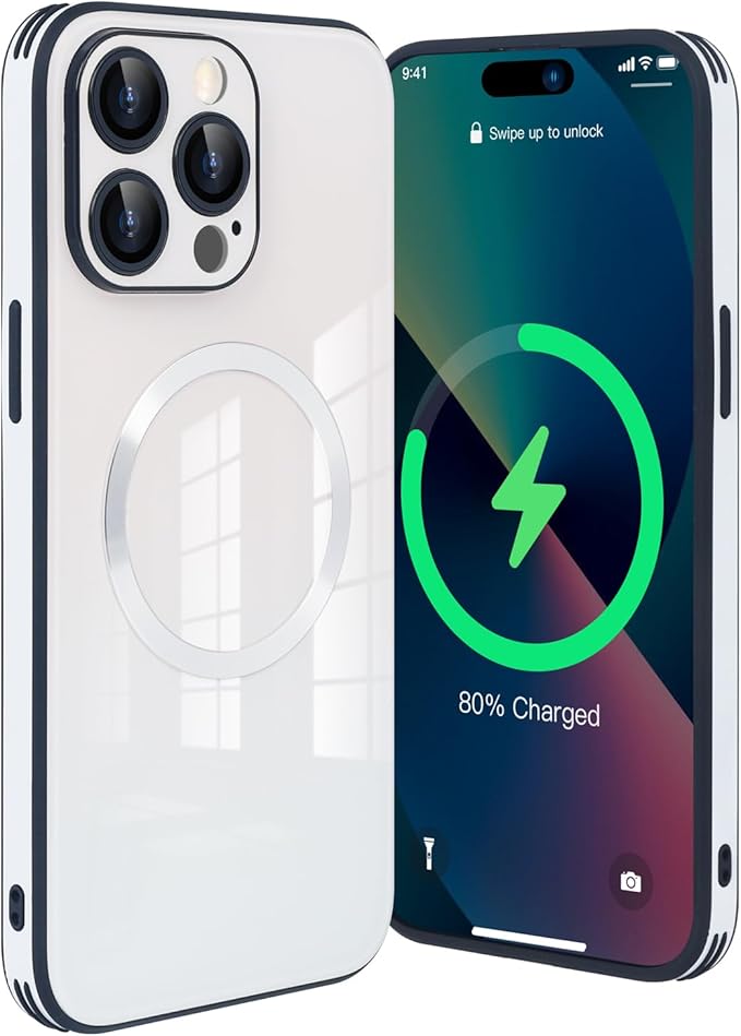 Guppy Compatible with iPhone 13 Pro with MagSafe Case, Magnetic Gradient Case with MagSafe Charging, Gradient Glass Back Cover with Lens Film-White