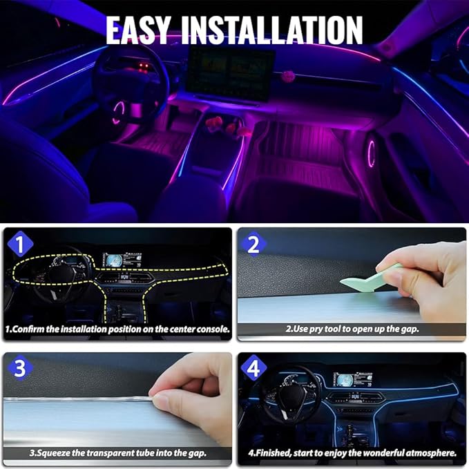 Ambient Lighting Car Led Lights Interior Kit, 4 in 1 Acrylic Led Lights for Car Center Console Dashboard,DC 12V APP Remote Control DIY Fiber Optic Music Sync RGB Neon Strip with Footwell Lighting