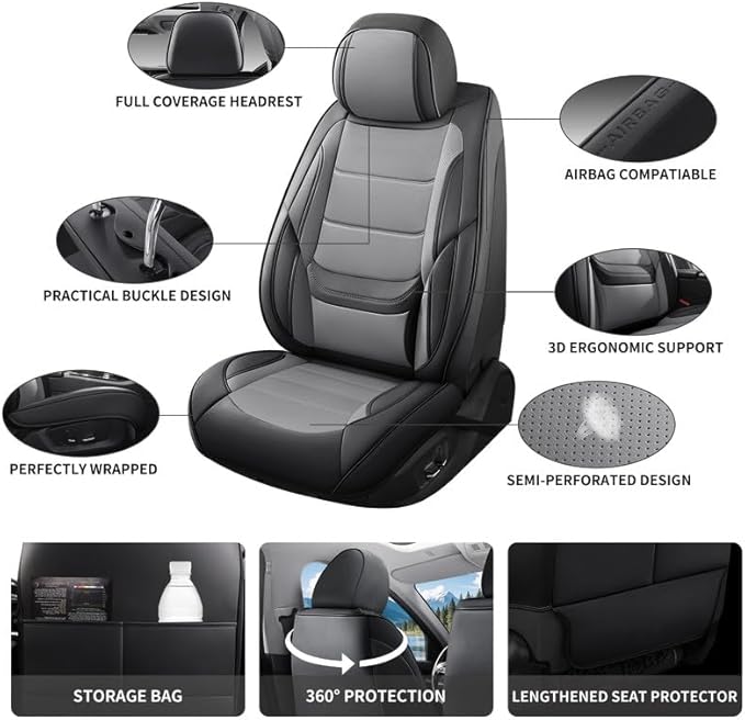 Car Seat Covers Full Set Custom Fit for Ford Ranger 1999-2024 - Luxury Leather with Lumbar Support, Breathable, Waterproof, Anti-Slip, Durable, Easy to Install (Black&Gray, Full Set)
