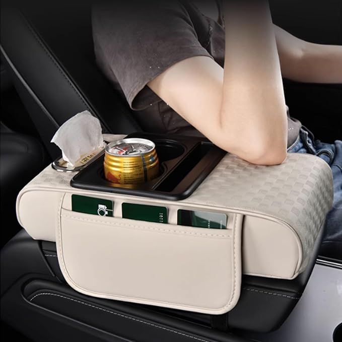 Car Arm Rest Cushion for Mazda CX-5, Center Console Armrest Pillow Car Armrest Pad Trucks with Cup Holder, Armrest Pad Storage Bag(Beige)