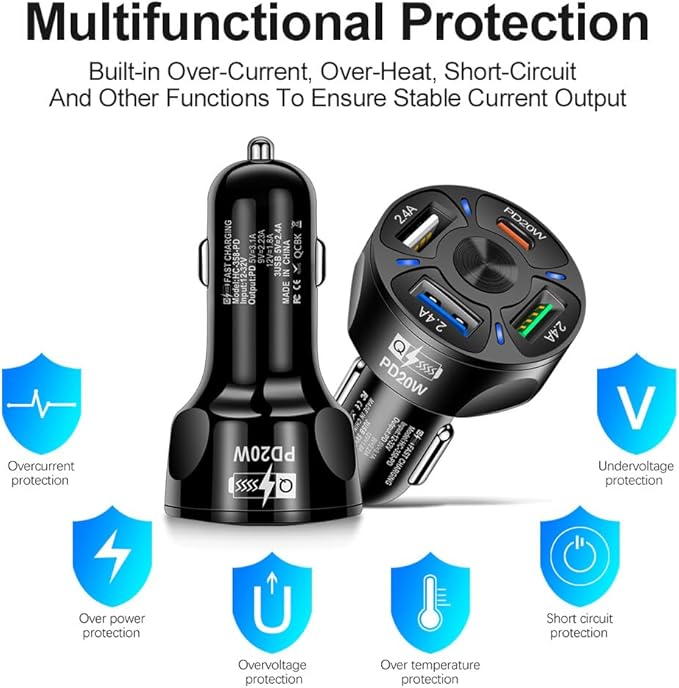 4 Port USB Fast Charging Cigarette Light Car Charger 3 * 2.4 A USB/ 1 PD20W LED Light Compatible with Tablets Cameras iPhone 14 13 12 11 Pro Max X XR XS Samsung Galaxy Series Google Pixel Android/iOS