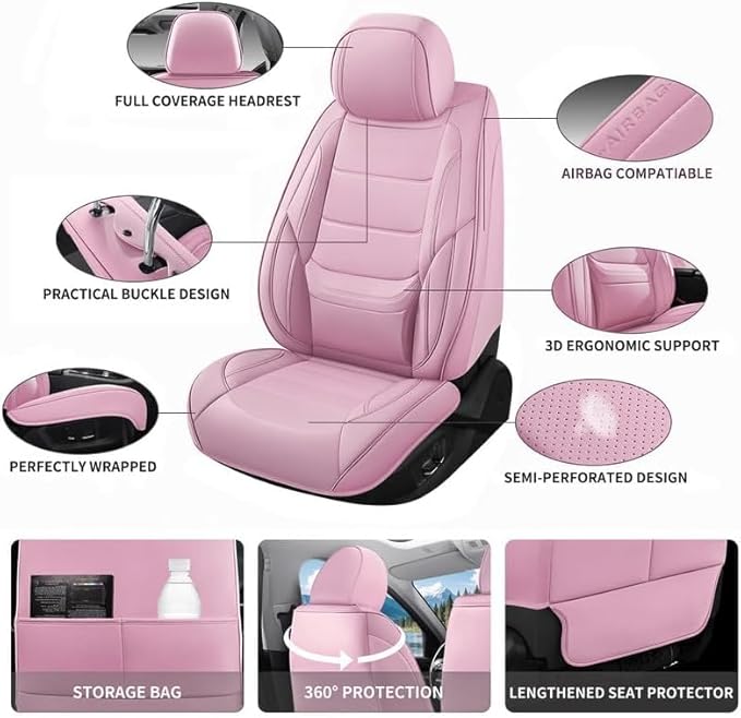 Car Seat Covers Full Set Fit for Buick Envision 2016-2026, Premium Faux Leather Waterproof Car Seat Protectors with Lumbar Support, Breathable Anti-Slip Easy to Install(Pink,Full Set)