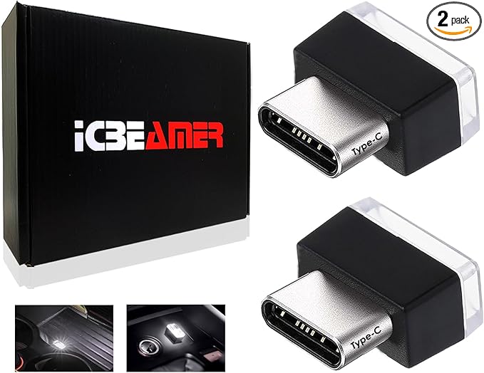 ICBEAMER Type C Adapters Atmosphere Light 1-Pack (White) | Universal Plug-in Miniature LED Night Light for Car Interior and Trunk Ambient Illumination