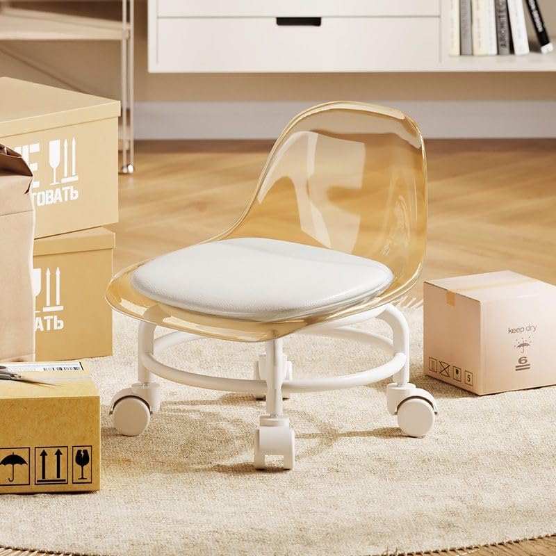 Low Rolling Stool with Wheels,Mini Rolling Garage Stool with Back Support,360° Rotating Floor-Friendly Wheels for Home, Office,Garage & Salon (Transparent Brown)