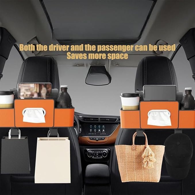 Car Multifunctional Seat Back Waterproof Storage Bag, Multifunctional & Waterproof Car Back Seat Organizer with 2 Cup Holders&Hooks, Hanging Storage Box for Most Cars (orange)