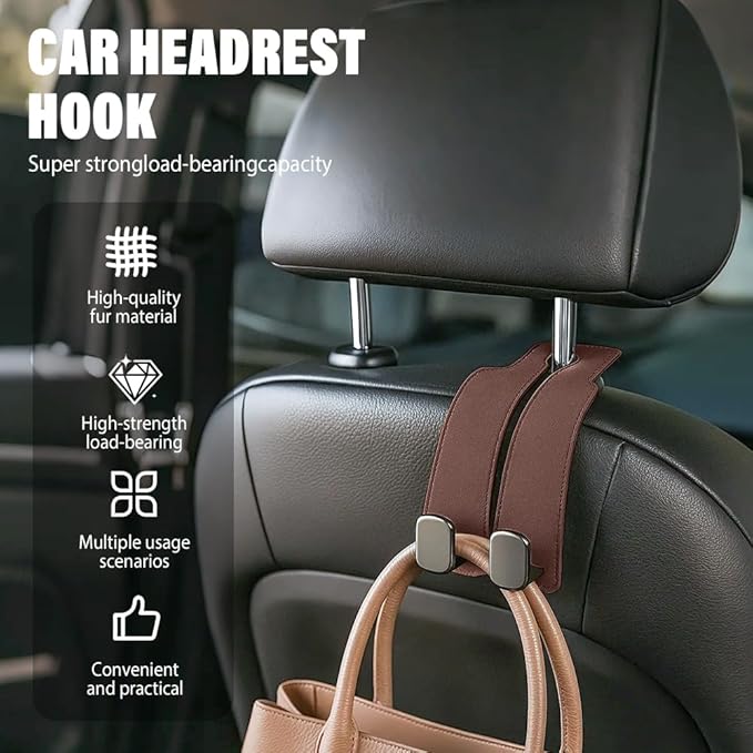 Car Seat Back Storage Hook, 2026 New Two Hook Fur Leather Seat Back Headrest Hanger Genuine Leather Double Metal Hook for Backseat Organizer, Car Organization Accessories (4, Black)