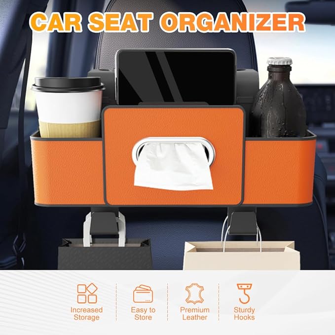 Back Seat Car Organizer,3 in 1 Car Backseat Storage Box with Cup Holder,Tissue Box,Trash Bin&Hooks,Multifunctional Waterproof Storage for Hold Phones Snacks Drinks Handbags (1, Orange)