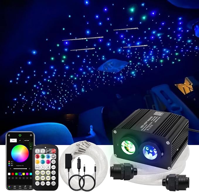 AZIMOM Dual Color 1200pcs 0.03in 13.1ft Twinkle Fiber Optic Starlight Headliner+ Pure White Meteor 240pcs Shooting Star, Sound Mode APP& Remote Control 2 in 1Starlight Meteor Kits Car Home Ceiling