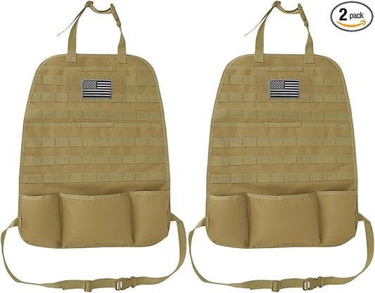 Tactical Molle Car Seat Back Organizer, Vehicle Panel Car Seat Back Cover Protector with 5 Storage Pouch, Universal Backseat Storage Organizer with USA Flag Patch for Car SUV (Khaki-2 Pcs)