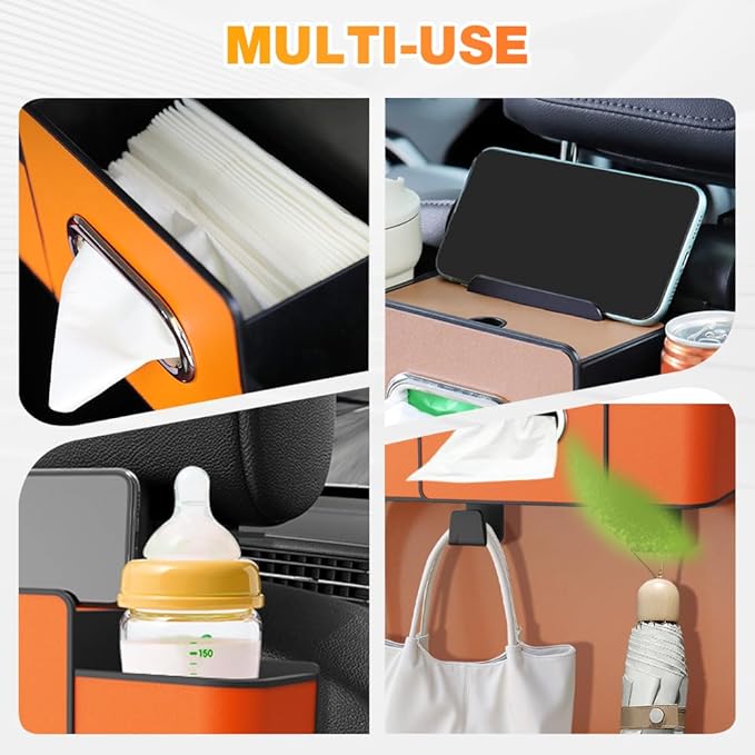 Back Seat Car Organizer,3 in 1 Car Backseat Storage Box with Cup Holder,Tissue Box,Trash Bin&Hooks,Multifunctional Waterproof Storage for Hold Phones Snacks Drinks Handbags (2, White)
