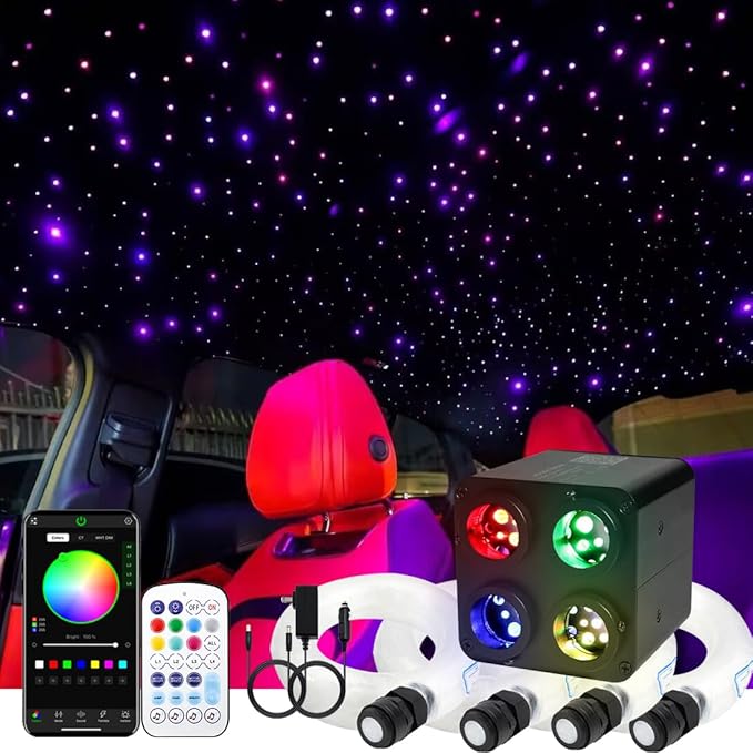 AZIMOM 4Port 36W Twinkle 1200pcs 0.03in 9.8ft Fiber Optic Starlight Headliner Kits 4Colors Light Source Sound Activated Remote APP Control Home Indoor Ceiling Car Headliner Decoration