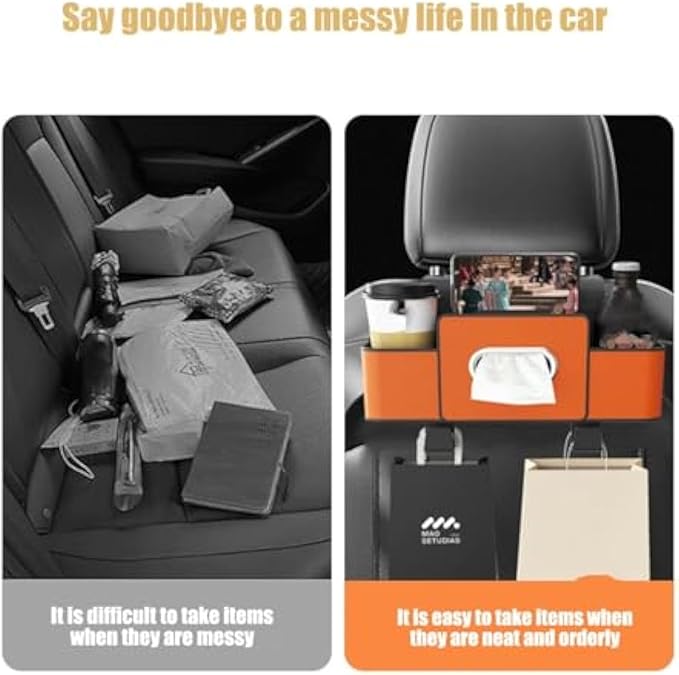 Car Organizers and Storage Box, Multifunctional Car Organizer and Storage Box Back Seat, 3-in-1 Holder Tissue Dispenser, Phone Stand for Snacks, Drinks, Bag Hook, Keep Tidy & Organized (Orange)