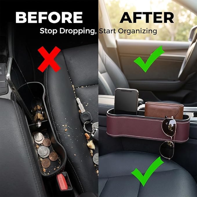 Car Seat Gap Filler Organizer, 2026 New Premium Leather Console Organizer for Holding Phone, Sunglasses, Auto Console Side Storage Box with Cup Holders 2 Seat Hooks for Drink (Brown, Driver's Seat)