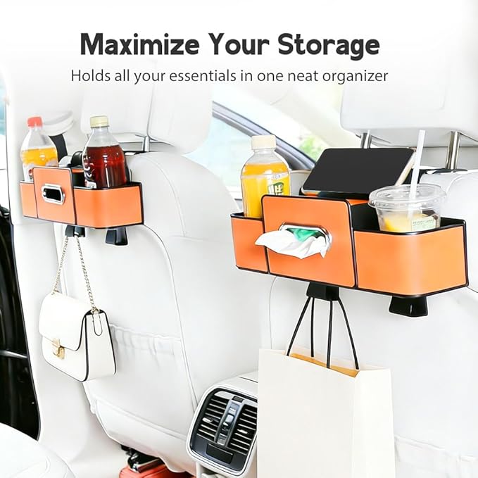 Multifunctional Car Seat Back Storage Box, 3-in-1 Backseat Car Organizer with Dual Cup Holders, Hold Phones, Snacks, Drinks, and Handbags (Orange)