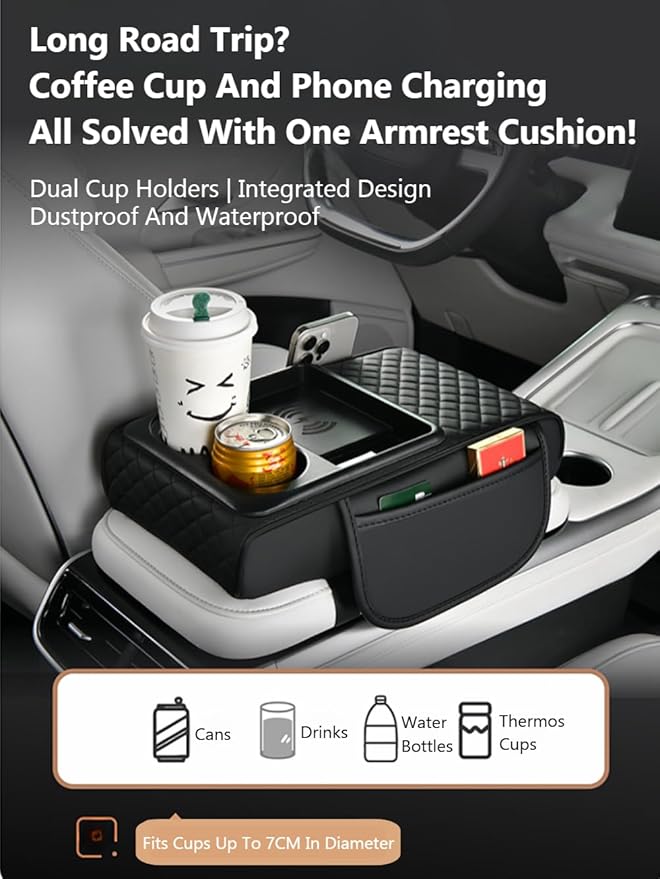 Car Armrest Pad with Built-in Induction Charging, Leather Center Console Cushion with 15W Power Pad, Dual Cup Holders, Storage Pockets - Red