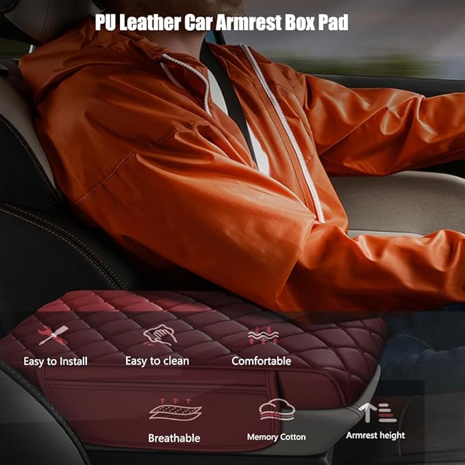 Universal Memory Cotton Car Armrest Box Pad, 2026 New Leather Car Armrest Box Pad with 2 Storage Bags, Auto Armrest Seat Box Cover, Center Console Cover Cushion for SUV, Car, Truck (Orange)