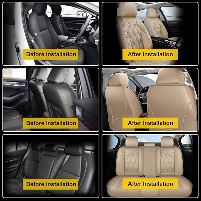 AOMSAZTO Car Seat Covers,Full Set 5 Seats Custom Fit for Mitsubishi Outlander 2007-2025 2026,Leather Car Seat Cover Seat Cushion Protector,Airbag Compatible Waterproof Beige