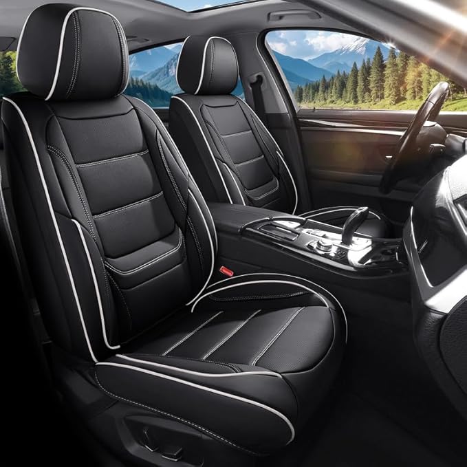 Car Seat Covers Full Set Custom Fit for Ford Bronco Sport 2021-2026-Luxury Leather with Lumbar Support, Breathable, Waterproof, Anti-Slip, Durable, Easy to Install (Black&White,Full Set)
