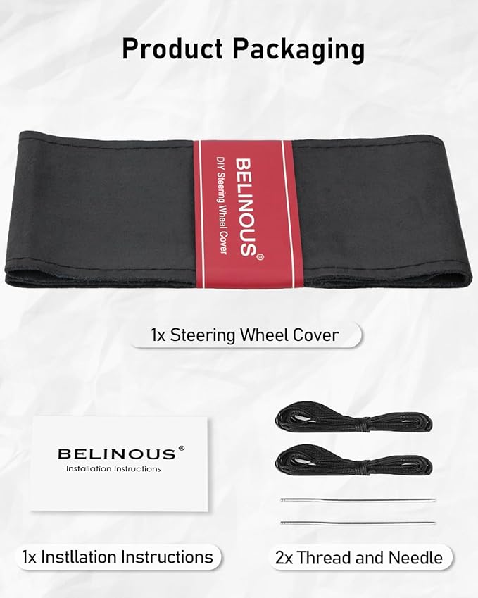 BELINOUS Suede Leather Steering Wheel Cover, DIY Stitch-On Steering Wheel Wrap with Needle & Thread, Non-Slip & Sweat-Absorbing, Universal Fit for 13.75-16 Inch (Size S3, Black)