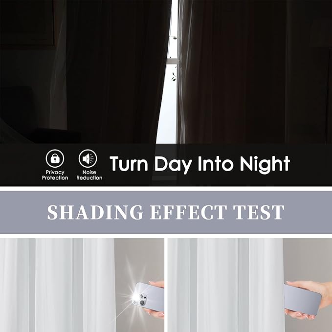 Bujasso White Full Blackout Curtain Panels with Sheer Overlay Mix and Match Double Layer Thermal Insulated Window Treatment Set for Living Room White Drapes with Tiebacks Grommet Top 54" Wx63 Lx2
