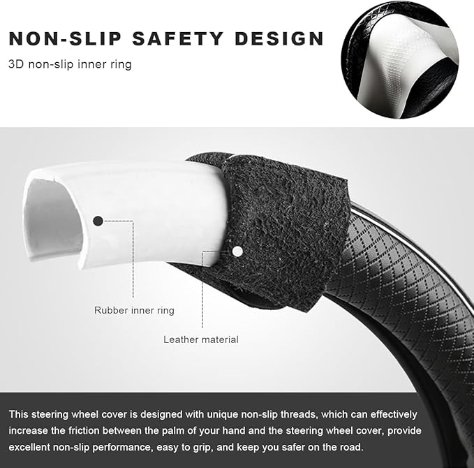 Car Steering Wheel Cover, 15 Inch Anti-Slip Breathable Leather Auto Steering Wheel Protector, Full Surround Soft Steering Wheel Cover for Men Women, Car Interior Accessories (Black & Gray)