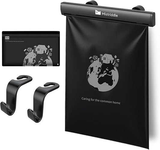 Headrest Hanging Car Trash Bag Holder - Aluminum Alloy with 25 Disposable Trash Bags, 2 Headrest Hooks, Compact Car Garbage Bin for Back Seat, Office, Travel & Camping (Black)