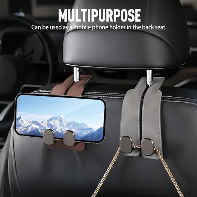 Car Seat Back Storage Hook, 2026 New Two Hook Fur Leather Seat Back Headrest Hanger Genuine Leather Double Metal Hook for Backseat Organizer, Car Organization Accessories (2, Brown)