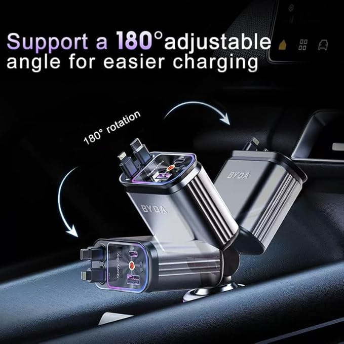 4 in 1 Retractable Car Charger with Starry Light,69W USB-C Fast Car Charger, for iPhone 17/16/15/14/13/12/11, Android,Pixel,Cigarette Lighter Charger (Dual Cord USB-C)