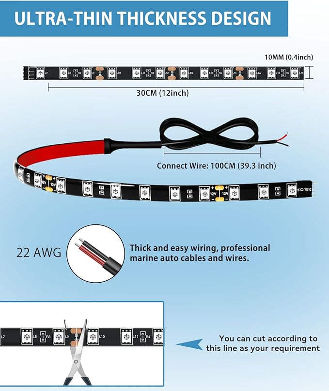 Keiurot Car Led Strip Lights 12" Connectable Ice Blue LEDs Light Strips for Cars Motorcycle Golf Cart Boat Marine Waterproof 12V Led Light Strip, 4Pack