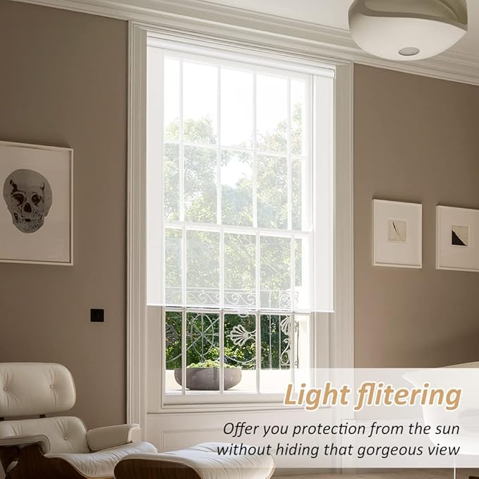 LUCKUP Light Filtering Roller Shades for Windows, Cordless Semi Sheer Solar Blinds with 5% Openness Free-Stop Window Shades for Home & Office, White 34" W x 72" L