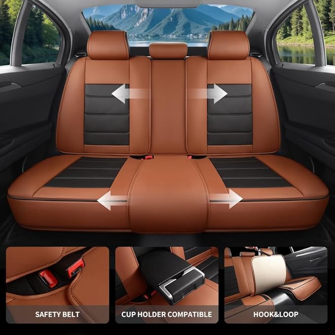 Car Seat Covers Full Set Custom Fit for Mercury Mountaineer 1997-2010-Luxury Leather with Lumbar Support, Breathable, Waterproof, Anti-Slip, Durable, Easy to Install (BlackBrown,Full Set)