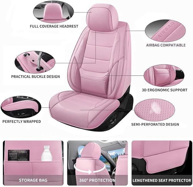 Car Seat Covers Full Set Custom Fit for Chevrolet/Chevy Equinox 2005-2026 - Premium Leather with Lumbar Support, Breathable, Anti-Slip & Excellent Seating Experience (Pink, Full Set)