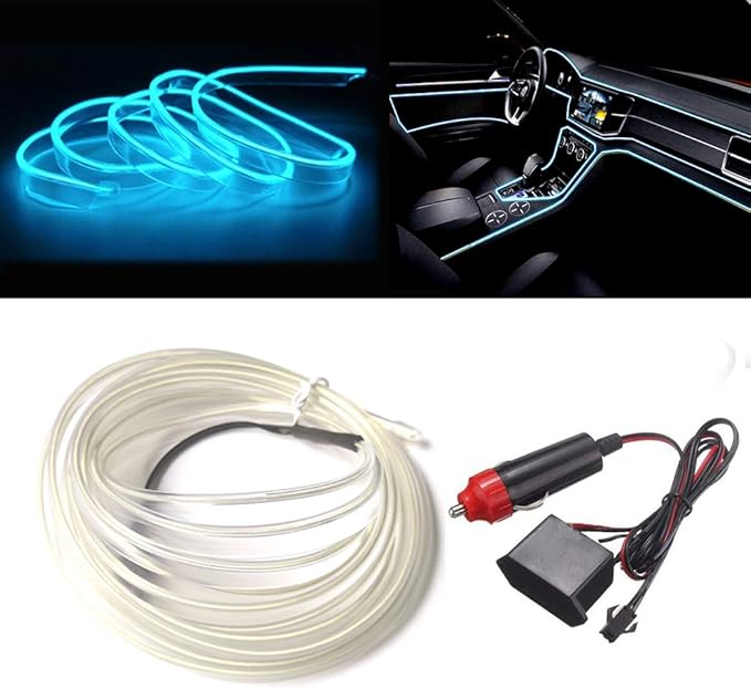 MaxLax El Wire Ice Blue Interior Car LED Strip Lights, 3m neon Wire 12V with Fuse Protection for Automotive Car Interior Decoration with 6mm Sewing Edge
