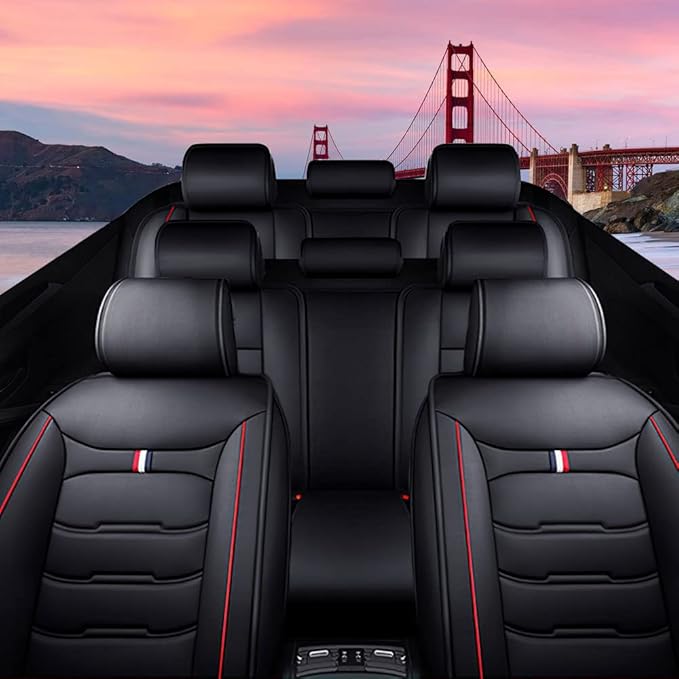 Car Seat Cover 8 Seats for Hyundai Palisade 2020-2025, Durable Wear Resistant Waterproof Sport Seat Cover, Breathable No Odor Premium Leather Vehicle Seat Covers.(Standard,Black Red)